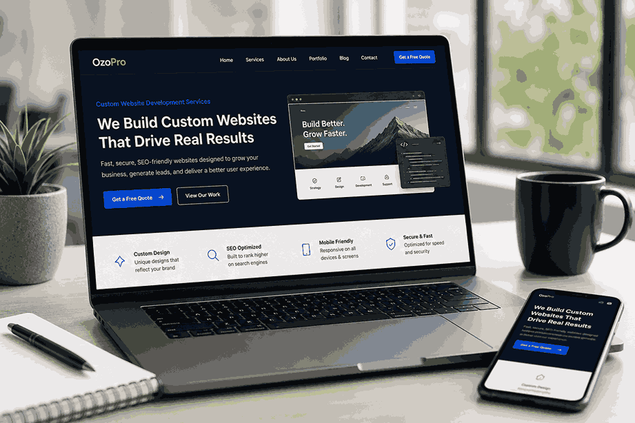 Custom website development services image showing responsive website design, clean code, SEO structure, and a lead generation dashboard on a modern workspace