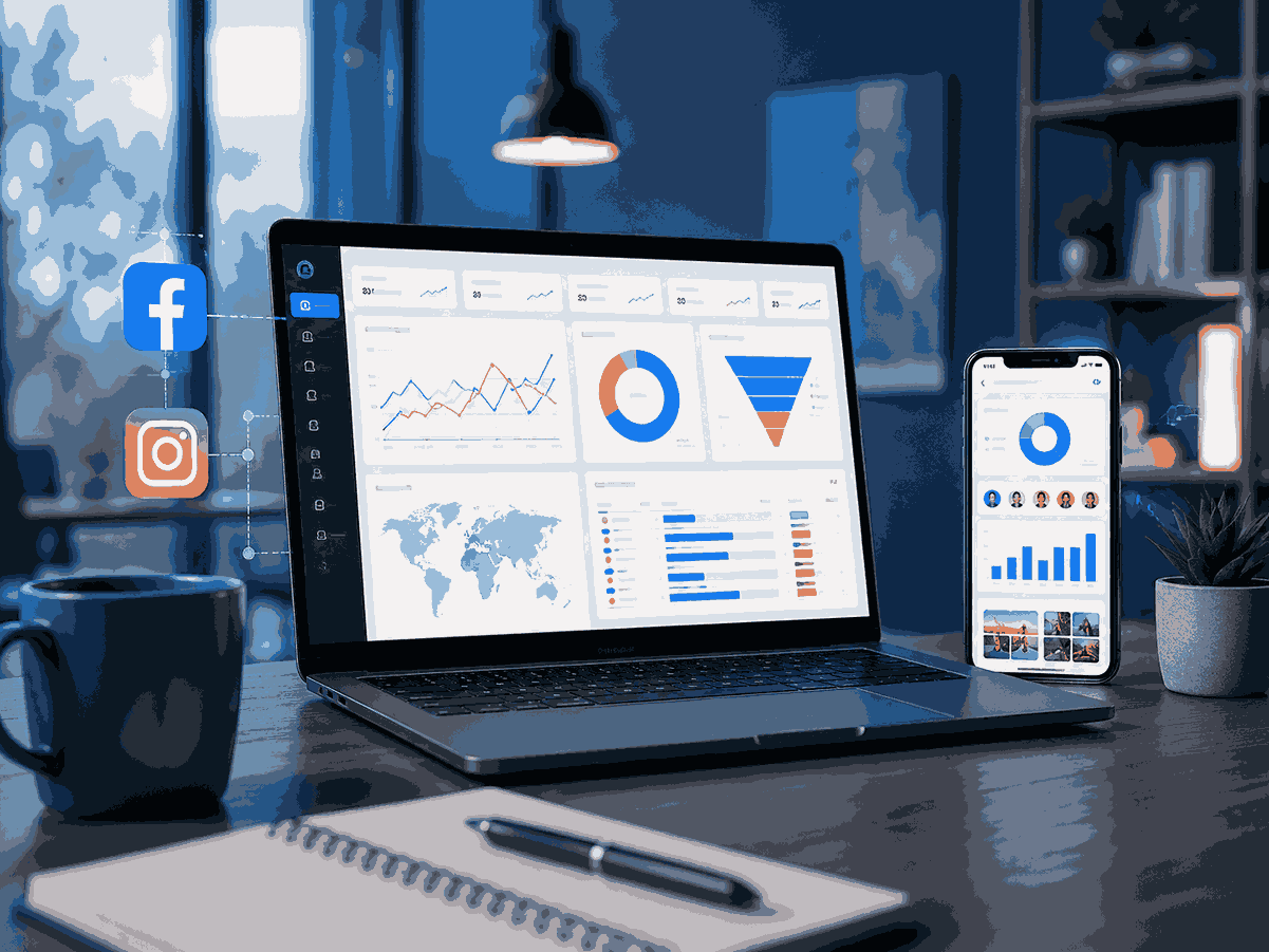 Meta ads agency image showing Facebook and Instagram advertising campaign management, audience targeting, retargeting, lead generation, and performance reporting on a modern marketing dashboard