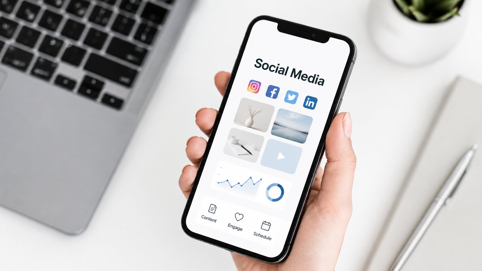 Social media management service image showing a smartphone with content, engagement, scheduling, social platform icons, and performance analytics on a modern workspace desk
