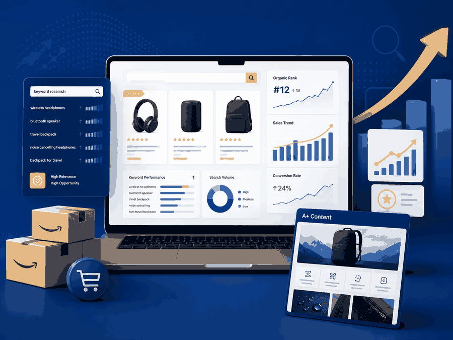 Amazon SEO services dashboard showing keyword research, optimized product listings, ranking growth, sales analytics, and A+ Content optimization