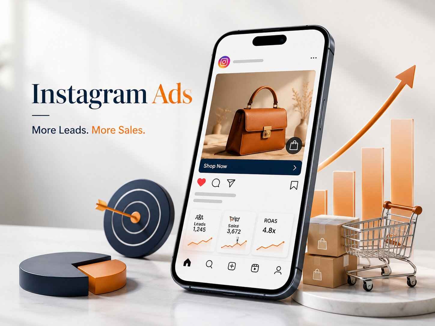Instagram ads marketing illustration showing a smartphone with an Instagram shopping ad, growth chart, target icon, ecommerce boxes, and shopping cart