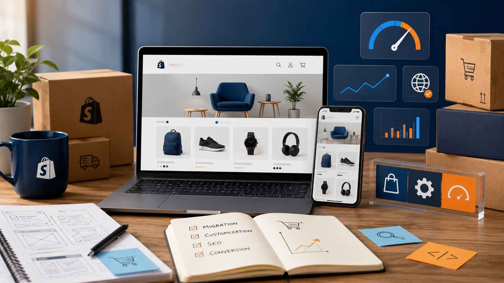 Shopify store development services image showing a responsive ecommerce store, product pages, speed optimization, app setup, and conversion focused Shopify design