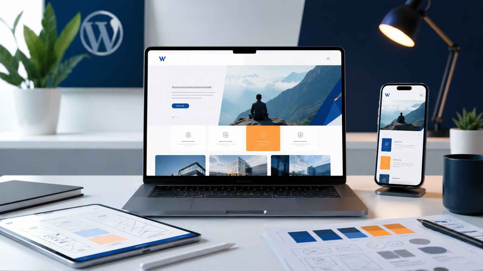WordPress website design services image showing a responsive custom WordPress website, fast performance, SEO structure, and lead generation layout on desktop and mobile devices