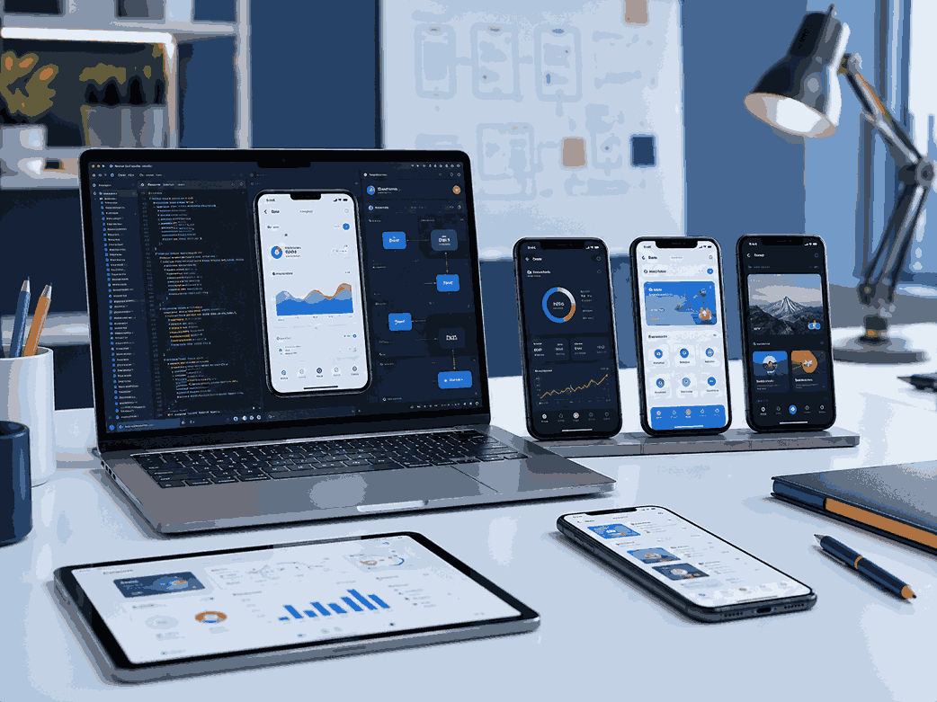 App development services image showing iOS Android Flutter and web app development strategy with mobile app screens and product launch planning