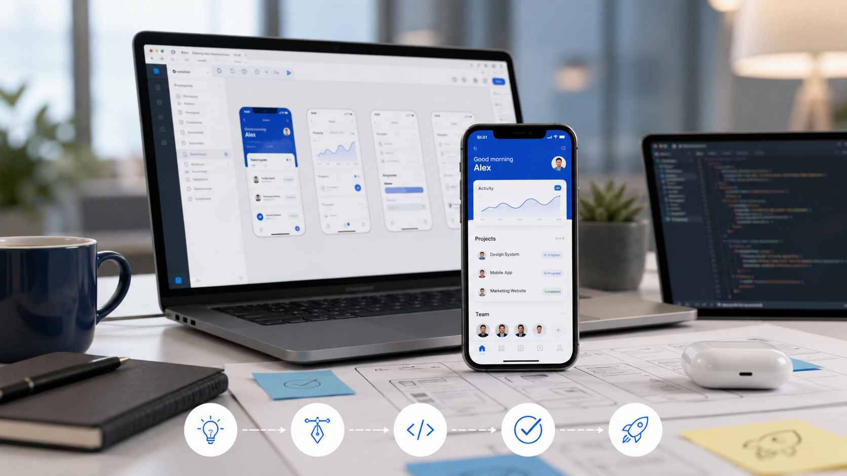 iOS app development services image showing mobile app design, iPhone UI screens, app coding, testing, and App Store launch planning