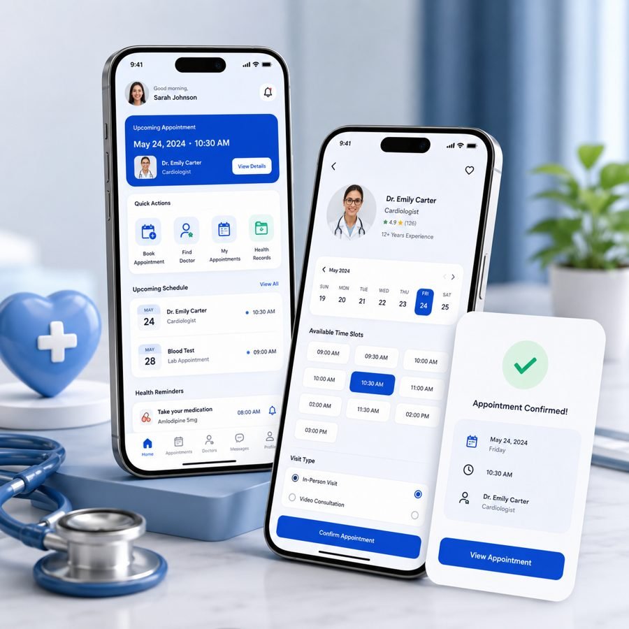 Healthcare appointment booking app development case study with patient dashboard and scheduling screens