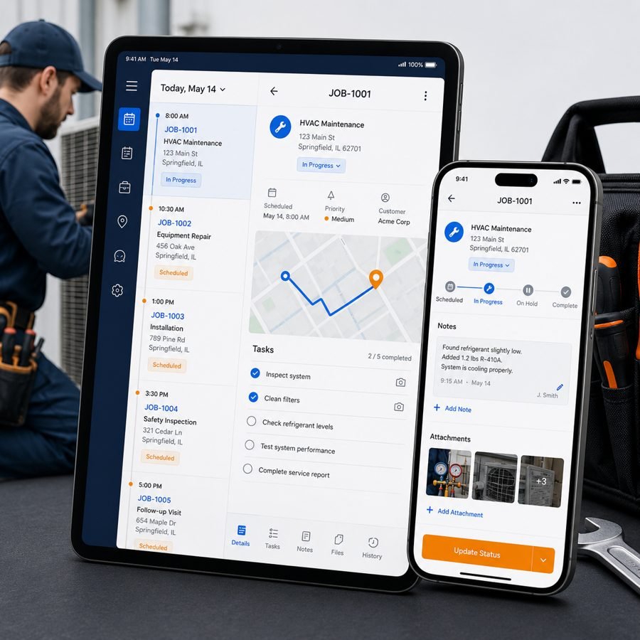 Field service job management app case study with technician dashboard and task screens
