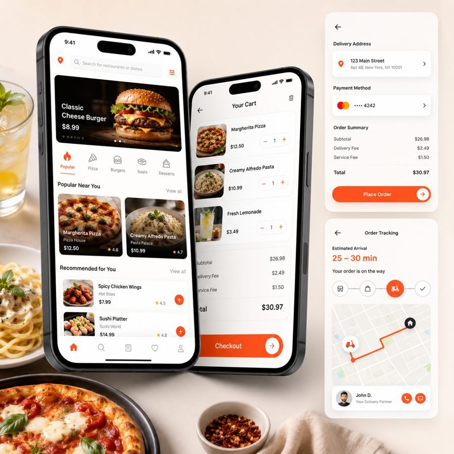 Restaurant ordering and delivery app case study with menu cart and checkout screens