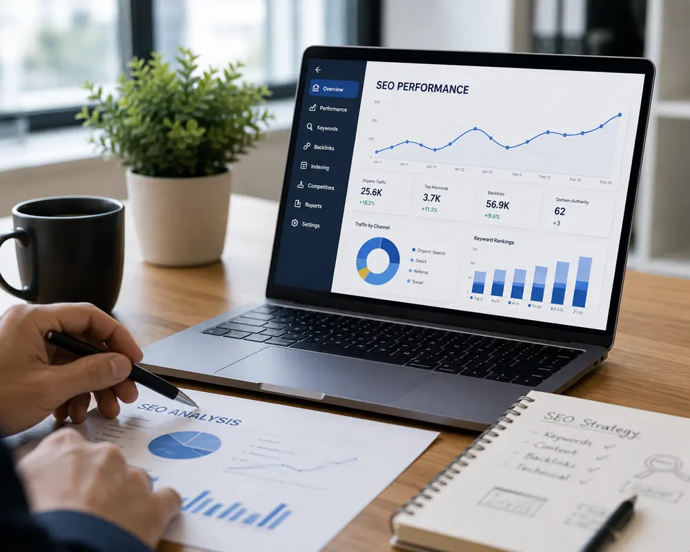 SEO specialist reviewing professional SEO services, organic search performance and growth strategy