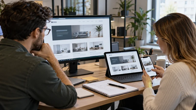 Web design team reviewing responsive website layouts across desktop tablet and mobile