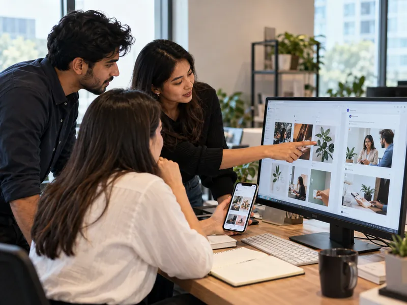Creative team reviewing branded social media designs on desktop and mobile screens