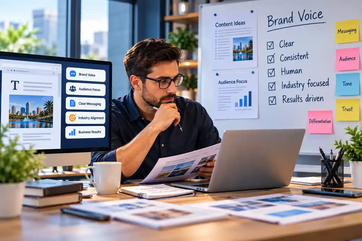 Content editor reviewing brand voice and written copy for Orlando businesses