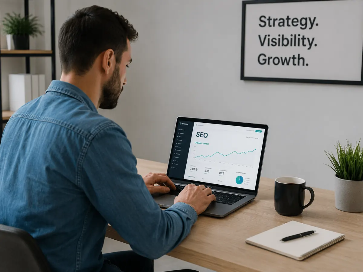 SEO agency specialist reviewing professional SEO strategy and organic search performance