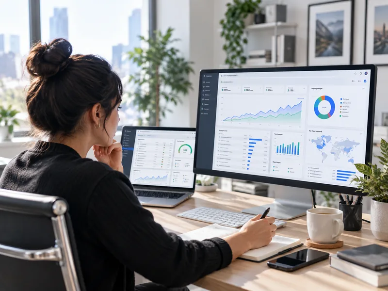 SEO specialist reviewing search performance, technical diagnostics and analytics dashboards