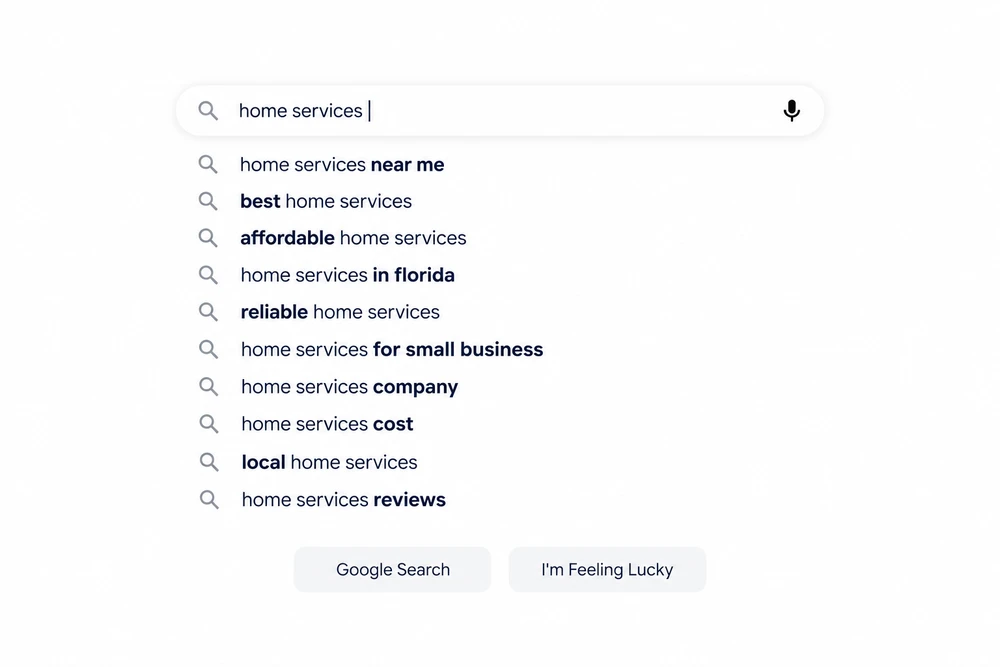 Illustration of home services searches about nearby providers, costs, reviews and service areas